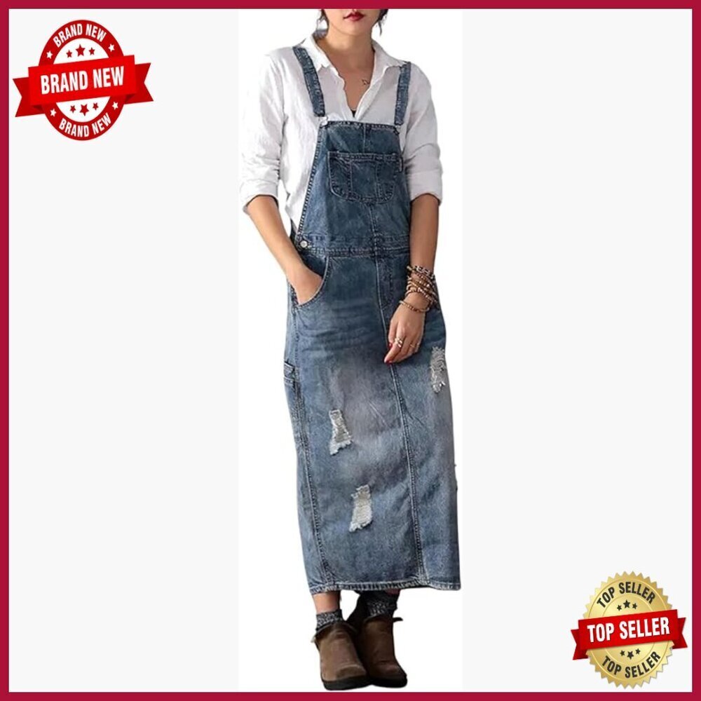 Women's Adjustable Strap Distressed Denim Overall Dress A-Line Pinafore
